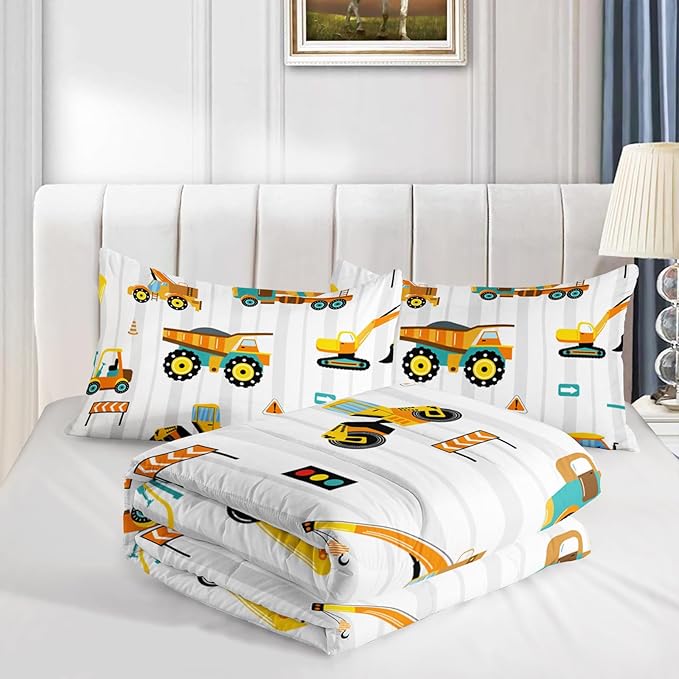 Axolotl Yellow Excavator Comforter Set Twin Size,Cartoon Excavator Bedding Set,Kids Machinery Truck Comforte Set,White Stripe Bedding Vehicle Car Decor for Kids Boys Teens,1 Quilt 2 Pillowcases - LeafyLoom