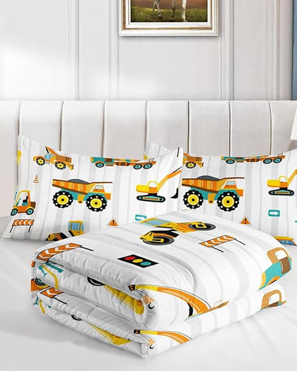 Axolotl Yellow Excavator Comforter Set Queen Size,Cartoon Excavator Bedding Set,Kids Machinery Truck Comforte Set,White Stripe Bedding Vehicle Car Decor for Kids Boys Teens,1 Quilt 2 Pillowcases - LeafyLoom