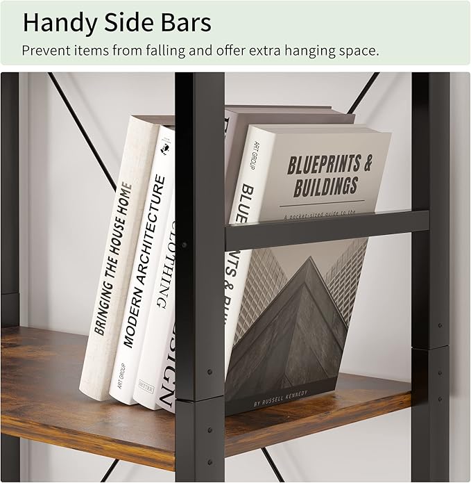 VERMESS 5 Tier Bookshelf, Tall Book Shelf, Vintage Industrial Bookcase Shelf with Open Display Shelves, Wood Storage Shelving Unit Metal Frame Standing Bookshelves for Bedroom/Home/Office, Rustic - LeafyLoom