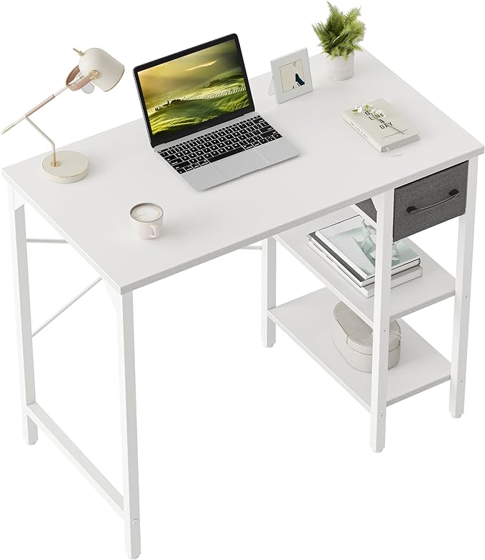 CubiCubi Computer Desk, 35 Inch Small Home Office Desk with Drawer Storage Shelves for Small Space, Writing Study Desk, White - LeafyLoom
