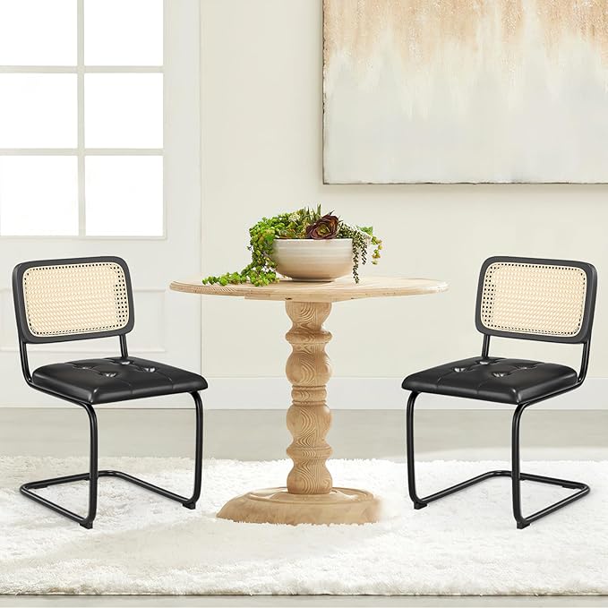 Farini Kitchen Dining Chairs Set of 2,Mid-Century Modern Chair Armless Mesh Backrest Cane Rattan Chairs for Home Dining Room(Black-PU Leather) - LeafyLoom