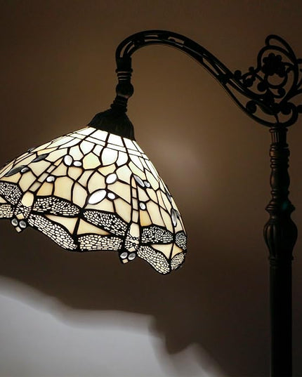 WERFACTORY Tiffany Floor Lamp Cream Stained Glass Dragonfly Arched Lamp 12X18X64 Inches Gooseneck Adjustable Corner Standing Reading Light Decor Bedroom Living Room S139 Series - LeafyLoom