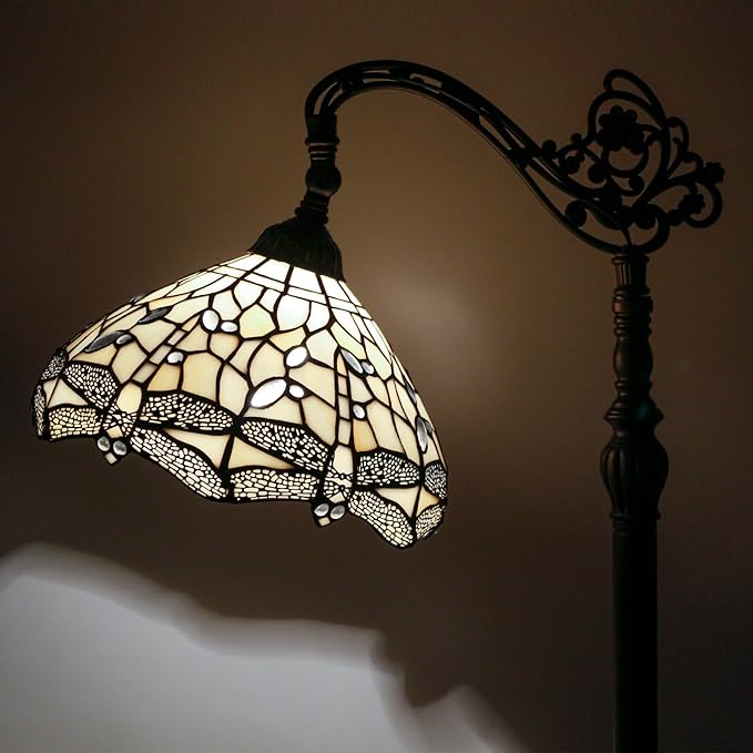 WERFACTORY Tiffany Floor Lamp Cream Stained Glass Dragonfly Arched Lamp 12X18X64 Inches Gooseneck Adjustable Corner Standing Reading Light Decor Bedroom Living Room S139 Series - LeafyLoom