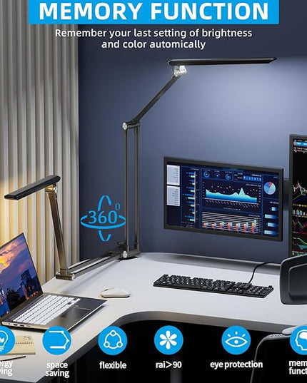 Space Saving LED Desk Lamps,Touch Adjustment 10 Color Temperatures &10 Brightness Eye-Caring Modes, Swing Arm Desk Light with Clamp，Lamp for Home Office 360° Spin Memory Function-Metallic Black - LeafyLoom