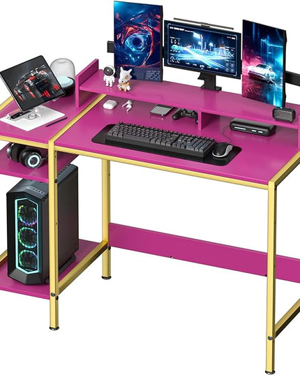 Computer Gaming Desk - 47" Home Office Desk with Storage, Writing Desk with Monitor Stand, Modern Simple Study Corner Table, Adjustable Storage Space, Pink - LeafyLoom