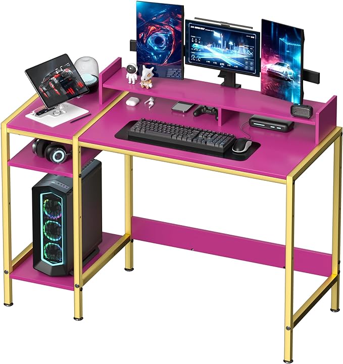 Computer Gaming Desk - 47" Home Office Desk with Storage, Writing Desk with Monitor Stand, Modern Simple Study Corner Table, Adjustable Storage Space, Pink - LeafyLoom