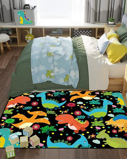 Dino Rugs for Boys Room Kids Play Rug Dinosaur Play Rug Dinosaur Carpet Dinosaur Rug Dinosaur Cartoon Carpet for Boys and Girls Bedroom Classroom,Black 3'×5' - LeafyLoom