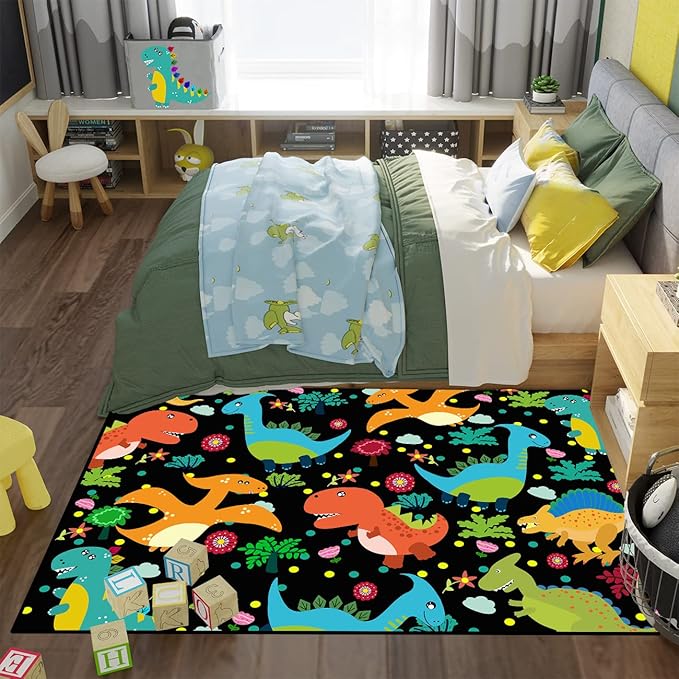 Dino Rugs for Boys Room Kids Play Rug Dinosaur Play Rug Dinosaur Carpet Dinosaur Rug Dinosaur Cartoon Carpet for Boys and Girls Bedroom Classroom,Black 3'×5' - LeafyLoom