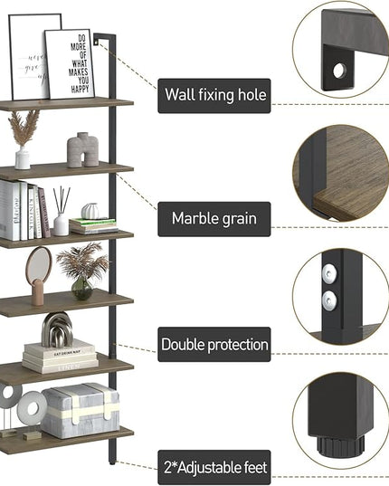Ladder Shelf Black 6 Tiers Modern Bookshelf Room Organizer Open Tall Wall Mount Bookcase Standing Leaning Wall Shelves Industrial Decorative Living Room Bed Room - LeafyLoom