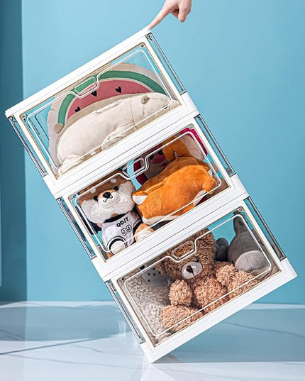 3-Pack Clear Stackable Storage Bins with Lids Magnetic Doors Open Front Foldable Folding Plastic Craft Containers Large Closet Organizers Box for Bedrooms Living Rooms Study Kids' Toys 24 QT - LeafyLoom