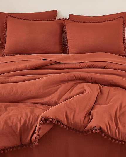 Litanika King Size Comforter Set Terracotta,3 Pieces Terracotta Boho Pom Pom Lightweight Bed Comforter, All Season Soft Solid Color Bedding Comforter Sets (1 Comforter 104x90 Inch, 2 Pillowcases) - LeafyLoom