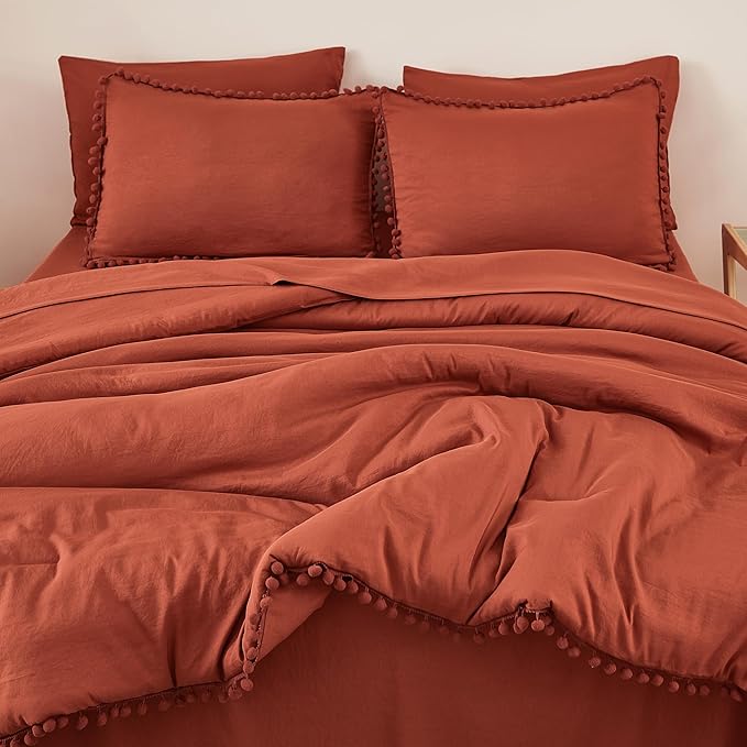 Litanika Queen Size Comforter Set Terracotta,3 Pieces Terracotta Boho Pom Pom Lightweight Bed Comforter, All Season Soft Solid Color Bedding Comforter Sets (1 Comforter 90x90 Inch, 2 Pillowcases) - LeafyLoom