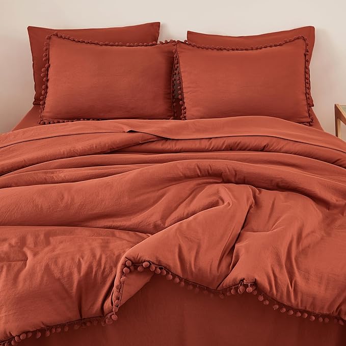 Litanika Comforter Full Size Set Terracotta,3 Pieces Terracotta Boho Pom Pom Lightweight Bed Comforter Full,All Season Solid Color Bedding Comforter Sets (1 Comforter 79x90 Inch, 2 Pillowcases) - LeafyLoom