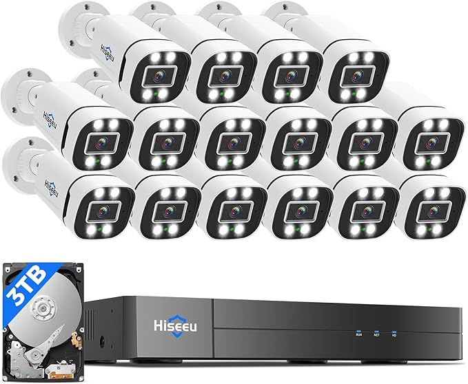 Hiseeu 16CH 3K Wired Security Camera System with Alarm Spotlight,Audio Vehicle/Person Detection 5MP 16CH DVR,5MP 16PCS Outdoor Indoor Surveillance CCTV Cameras 3TB HDD 24/7 Record Remote Access Hiseeu