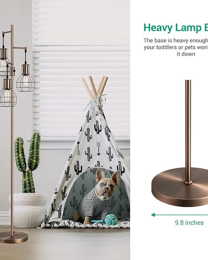 EDISHINE Dimmable Industrial Floor Lamp, Farmhouse Standing Lamp for Living Room, Bedroom, 3 LED Edsion Bulbs Included, Rotary Switch, 65in Rustic Tree Reading Lamps for Study Room, Office - Brown - LeafyLoom