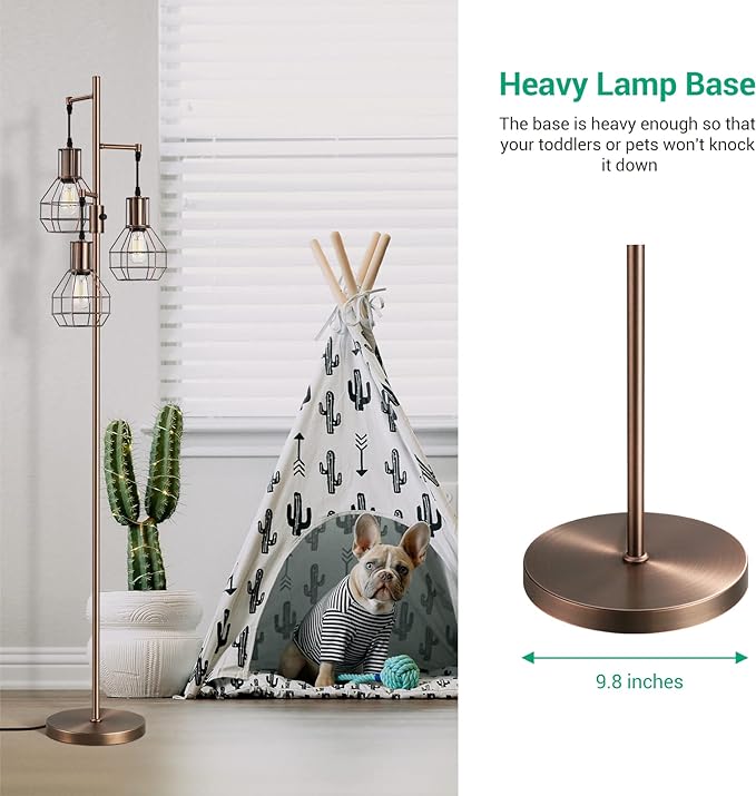EDISHINE Dimmable Industrial Floor Lamp, Farmhouse Standing Lamp for Living Room, Bedroom, 3 LED Edsion Bulbs Included, Rotary Switch, 65in Rustic Tree Reading Lamps for Study Room, Office - Brown - LeafyLoom