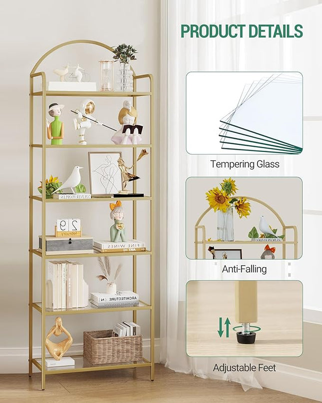 Bookcase Bookshelf, Tempered Glass Bookshelves, Slim Shelving Unit for Bedroom, Bathroom, Home Office, Steel Frame, 6 Tier Gold BC21699G - LeafyLoom