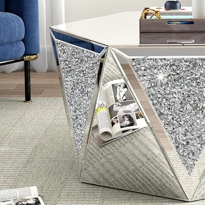 Drum Coffee Table Mirrored with Crystal Inlay, Hexagon Silver Accent Table, Modern Design Luxury Contemporary Furniture, 31.5‘’ Low Coffee Table for Living Room Fully Assembled - LeafyLoom
