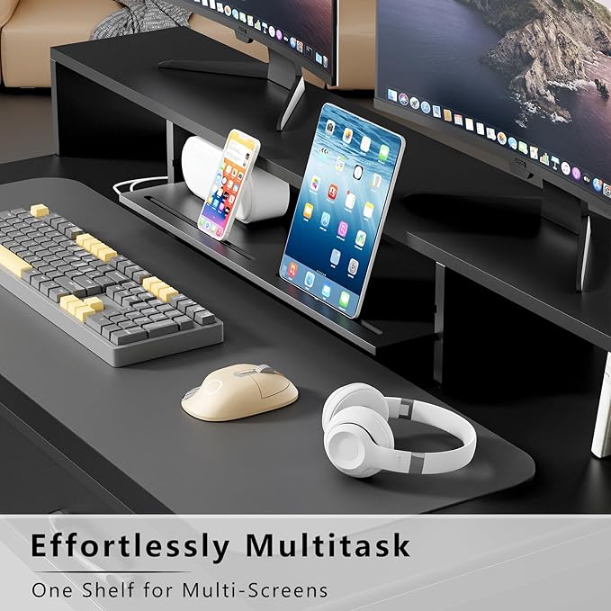 Computer Desk with Drawers, 47" Home Office Desk with Monitor Shelf, Writing Desk with Storage, Gaming Desk Work Desk Study Desk for Bedroom, Black - LeafyLoom