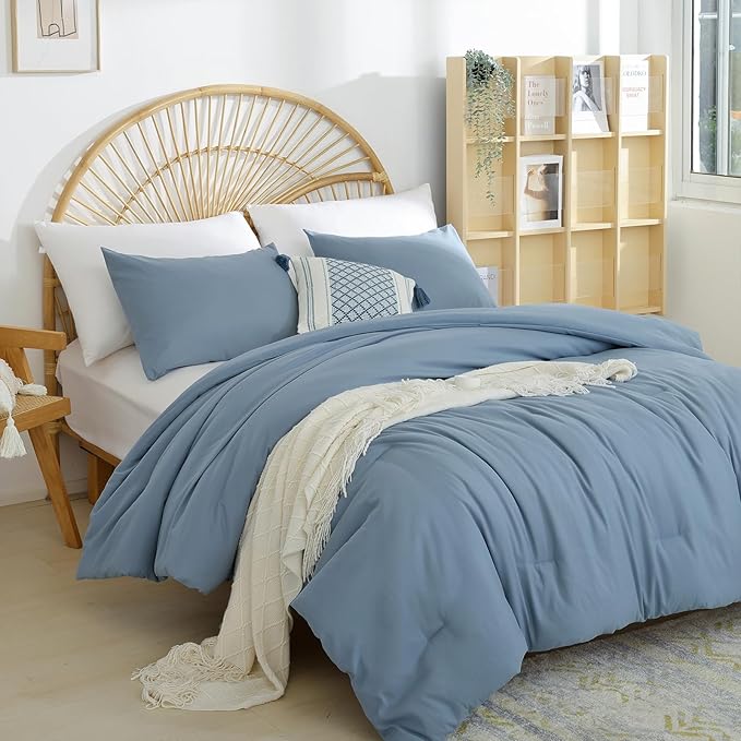 Dusty Blue Comforter Queen Size 3PCS Bed Comforter with 2 Pillowcases - Ligtweight Soft Solid Blue All Season Queen Comforter Bed Set - Boho Aesthetic Bedding Set for Men and Women - LeafyLoom