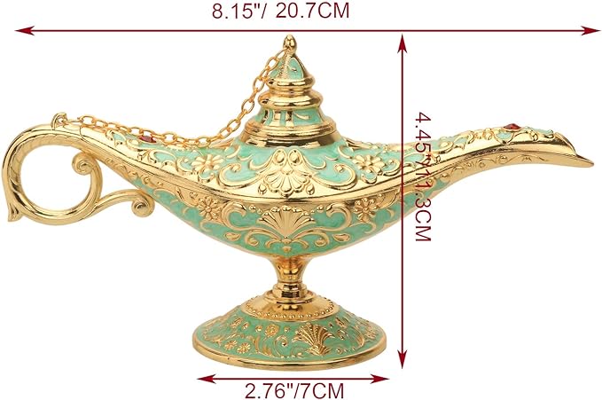 Classic Aladding Magic Genie Lamp Legend Wishing Light Costume Lamp Metal Carved Cone Incense Burner for Home Tabletop Decoration Party Birthday Halloween Christmas(Light Jade Green) - LeafyLoom