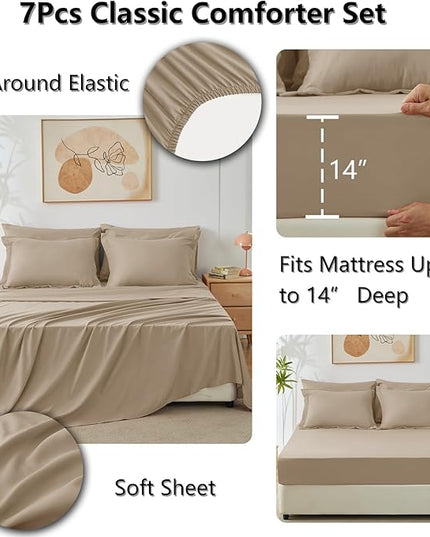 CozyLux Queen Comforter Set with Sheets 7 Pieces Bed in a Bag Taupe All Season Bedding Sets with Comforter, Pillow Shams, Flat Sheet, Fitted Sheet and Pillowcases - LeafyLoom
