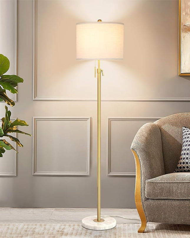 Modern Floor Lamp for Living Room, Adjustable Height Standing Lamp with Marble Base, 3-Way Dimmable Gold Brass Tall Pole Light with White Linen Shade for Reading, Bedroom, Chain Switch, Bulb Included - LeafyLoom
