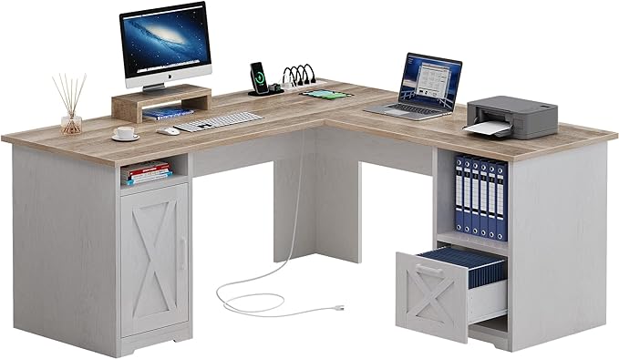 YITAHOME L Shaped Desk with Power Outlets, 60 Inch Computer Desk Corner Desk with File Drawer, Home Office Desk with Monitor Stand & Storage Shelves, L-Shaped Desk with File Cabinet, Grey Wash - LeafyLoom