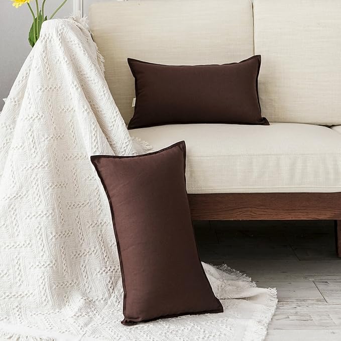 Jeanerlor Cotton Linen Square Decorative Throw Pillow Case Cushion Cover with Twin Needles Stitch on Edge, 12"x20"(30 x 50cm), 2 Pcs, Brown - LeafyLoom