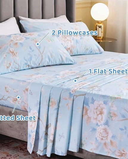 QSH Floral Bed Sheets Set King Size - Luxury Bird Buttefly Print Bed Sheet Set - 100% Egyptian Cotton Extra Soft and Breathable - 4 pcs Deep Pockets - Flower Bed Sheets - LeafyLoom