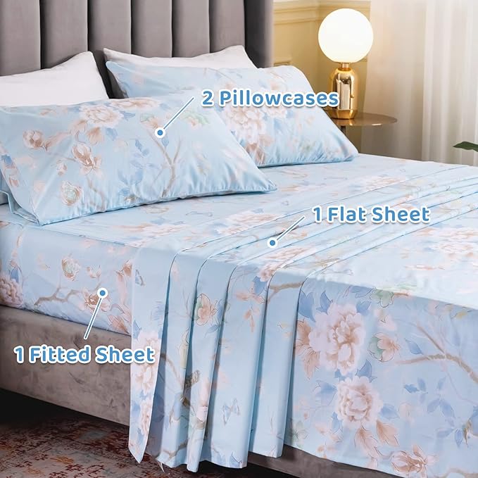 QSH Floral Bed Sheets Set King Size - Luxury Bird Buttefly Print Bed Sheet Set - 100% Egyptian Cotton Extra Soft and Breathable - 4 pcs Deep Pockets - Flower Bed Sheets - LeafyLoom