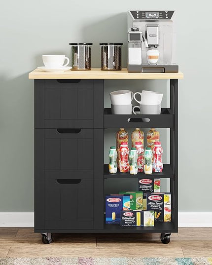 Shintenchi Kitchen Island Cart with Storage,Rolling Kitchen Island Storage Cabinet,Side Table on Wheels with Worktop,3 Open Shelves and 3 Drawers for Kitchen,Dinning Room, Black - LeafyLoom