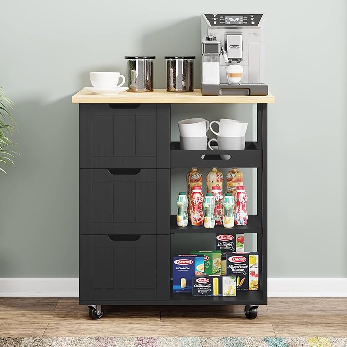 Shintenchi Kitchen Island Cart with Storage,Rolling Kitchen Island Storage Cabinet,Side Table on Wheels with Worktop,3 Open Shelves and 3 Drawers for Kitchen,Dinning Room, Black - LeafyLoom
