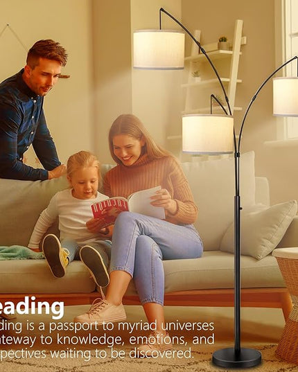 Arc Floor Lamps for Living Room,Modern Mid Century Tall Standing Floor Lamp with Heavy Base for Bedroom Office,3-Light Floor Lamp with Adjustable Hanging and 3 LED Bulbs (Black+White Shade) - LeafyLoom