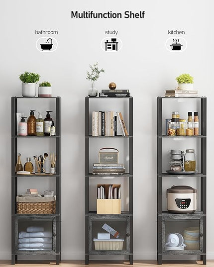 TUTOTAK 5 Tier Bookcase and Bookshelf, Narrow Book shelf with Door for Small Space, for Living Room, Office, Study, Entryway, Charcoal Grey BS03BY005 - LeafyLoom