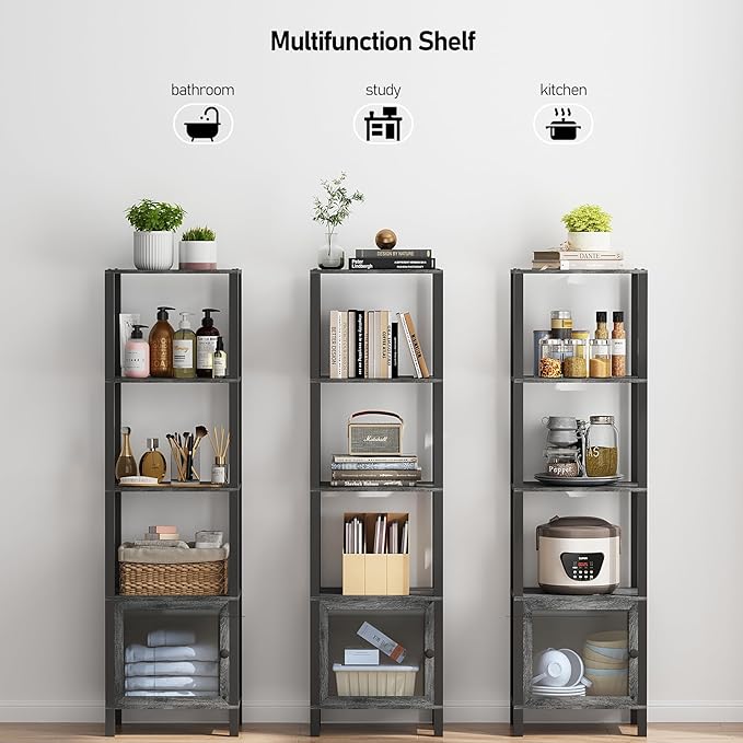 TUTOTAK 5 Tier Bookcase and Bookshelf, Narrow Book shelf with Door for Small Space, for Living Room, Office, Study, Entryway, Charcoal Grey BS03BY005 - LeafyLoom