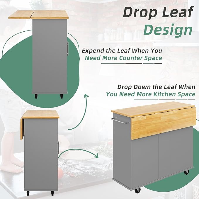 Shintenchi Rolling Kitchen Island Cart with Folding Drop Leaf Breakfast Bar, Portable Trolley Island with Large Storage Cabinet, Shelf and Drawer, Gray - LeafyLoom