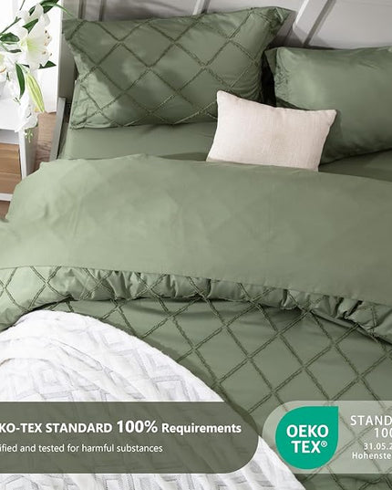 Boho Olive Green Comforter Set with Jacquard Tufted Design,Shabby Chic Bedding Sets for All Seasons,5 Pieces Twin Dorm Bed in a Bag Comforter,Flat Sheet,Fitted Sheet,Pillowcases & Shams - LeafyLoom