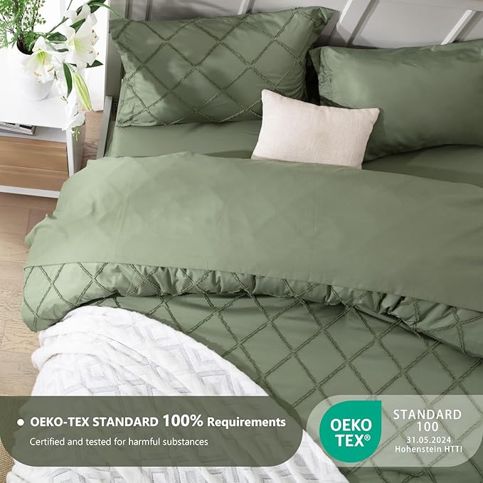 Boho Olive Green Comforter Set with Jacquard Tufted Design,Shabby Chic Bedding Sets for All Seasons,5 Pieces Twin Dorm Bed in a Bag Comforter,Flat Sheet,Fitted Sheet,Pillowcases & Shams - LeafyLoom