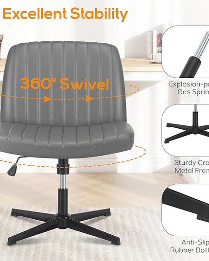 Criss Cross Chair, Cross Legged Office Chair, Wide Comfty Desk Chair, No Wheels Armless Computer Task Chair, Swivel Vanity Home Chair, Height Adjustable - LeafyLoom