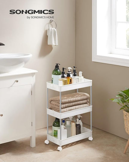 SONGMICS Slim Storage Cart, 3-Tier Rolling Cart, Narrow Utility Cart on Wheels, 6 Hooks, 360° Swivel Wheels, Lockable, Steel Frame, Bathroom, Kitchen, Office, Cloud White UKSC009W01 - LeafyLoom