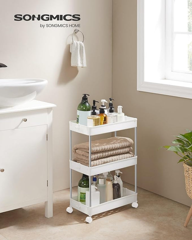 SONGMICS Slim Storage Cart, 3-Tier Rolling Cart, Narrow Utility Cart on Wheels, 6 Hooks, 360° Swivel Wheels, Lockable, Steel Frame, Bathroom, Kitchen, Office, Cloud White UKSC009W01 - LeafyLoom