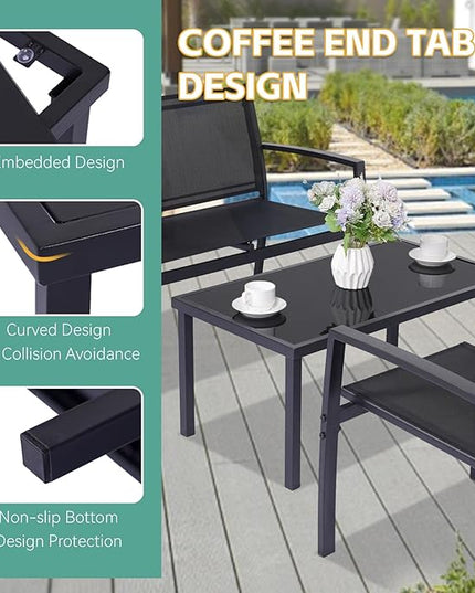 4 Pieces Patio Furniture Set Outdoor Garden Patio Conversation Sets Poolside Lawn Chairs with Tempered Glass Coffee Table Loveseat Porch Furniture Textilene Fabric Black - LeafyLoom