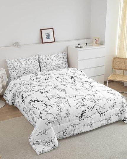 Feelyou Dinosaur Bedding Set King Size 3D Digital Print Comforter Set for Kids Boys Girls Decor Jungle Dino Comforter Wild Animal Black and White Duvet Set Bedroom Quilt Set - LeafyLoom