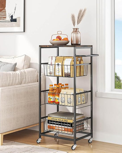 AIYAKA Kitchen Storage Cart 4 Tier Utility Rolling Microwave Cart on Wheels with Pull-Out Baskets and Wood Top for laundry room pantry bathroom, Brown - LeafyLoom