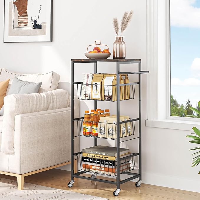 AIYAKA Kitchen Storage Cart 4 Tier Utility Rolling Microwave Cart on Wheels with Pull-Out Baskets and Wood Top for laundry room pantry bathroom, Brown - LeafyLoom