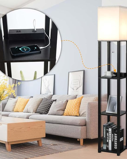 Lamptron 63" Standing Lamp,Lamp for Bedroom with Shelves and USB, USB-C & Power Outlets, Tall Lamp with Charging Station, lamps for living room,Sturdy Floor Lamp for Office (Black) - LeafyLoom