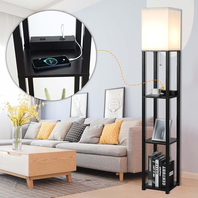 Lamptron 63" Standing Lamp,Lamp for Bedroom with Shelves and USB, USB-C & Power Outlets, Tall Lamp with Charging Station, lamps for living room,Sturdy Floor Lamp for Office (Black) - LeafyLoom