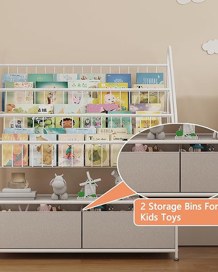 Large Kids Bookshelf With 2 Storage Box, 5 Tier Metal Kids Bookcases Children's Toy Storage Rack, Book Unit Storage Shelf for Playroom Bedroom Study Room, Idea Gifts for Boys and Girls KDSJ2305-White - LeafyLoom