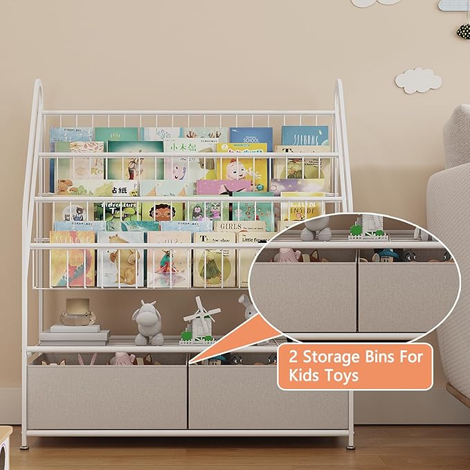 Large Kids Bookshelf With 2 Storage Box, 5 Tier Metal Kids Bookcases Children's Toy Storage Rack, Book Unit Storage Shelf for Playroom Bedroom Study Room, Idea Gifts for Boys and Girls KDSJ2305-White - LeafyLoom